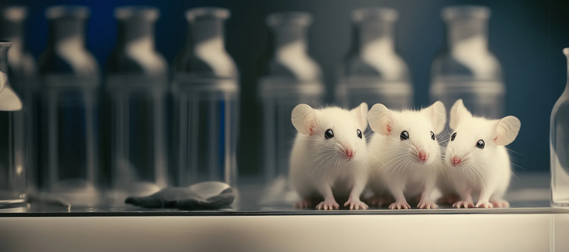 Tři bílé laboratorní myši vedle sebe, symbolizující geneticky upravené myši s obnovenou formou zaniklé imunity.